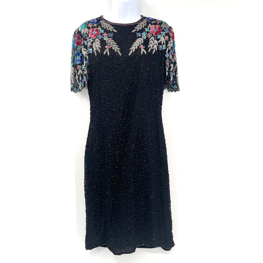 SCALA Women's L Vintage 80s Black Silk Beaded Sequin Floral Short-Sleeve Dress
